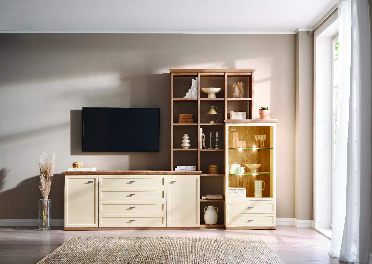 Wohnwand Monda - inkl. Beleuchtung, Lack Hellbeige, Eiche furniert