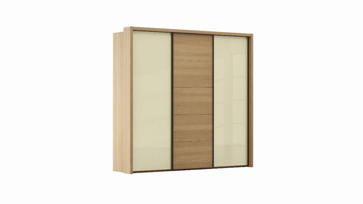 Schwebetürenschrank Lenoso -  B. ca. 260 cm, Eiche massiv, Glas, Champagner