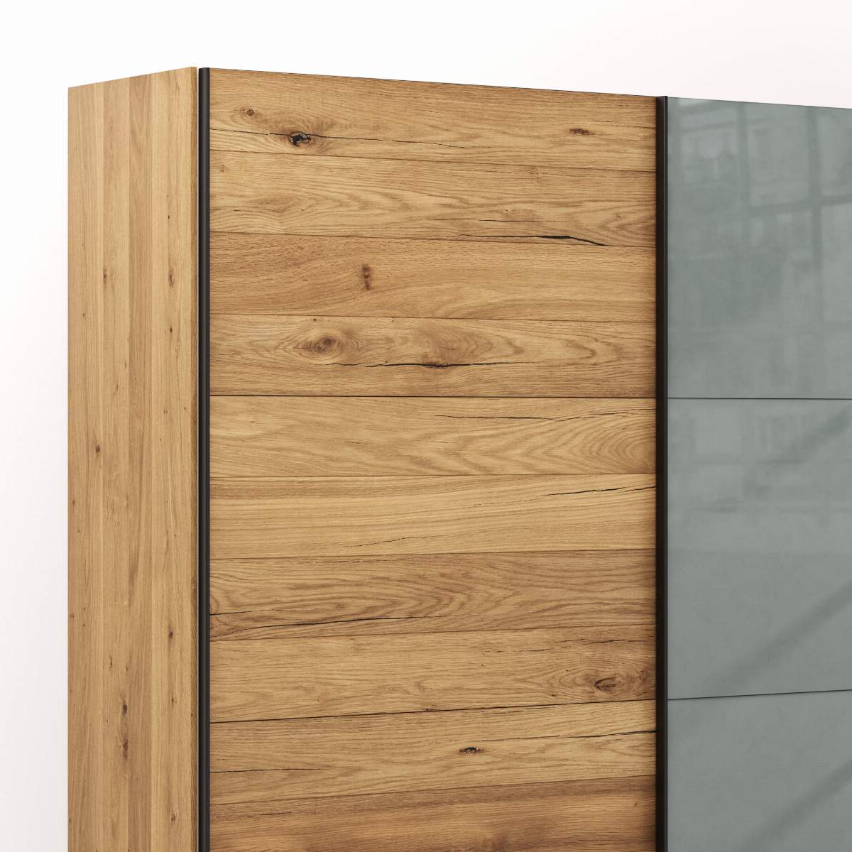 Schwebetürenschrank Colorado - B. ca. 257 cm, Eiche, Glas Graugrün