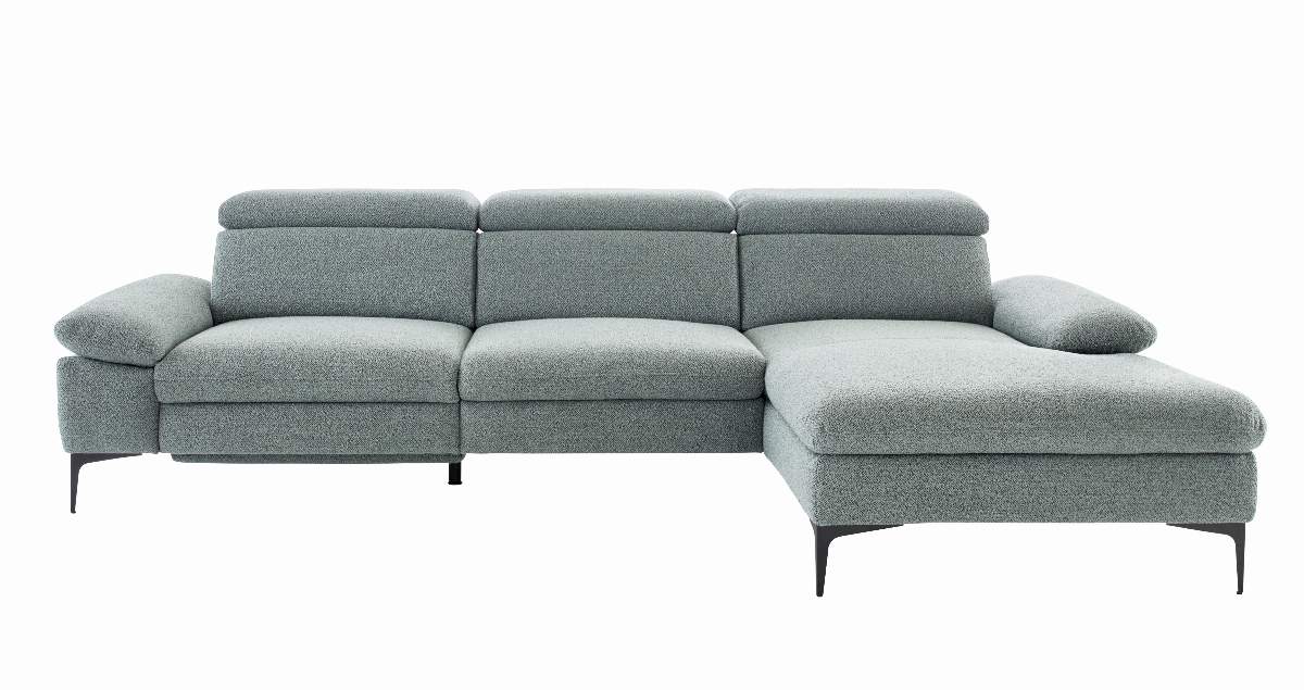 Ecksofa Felipa - 3-Sitzer mit Longchair rechts inkl. Relaxfunktion (motorisch), Armlehne und Kopfteil verstellbar, Stoff, Graugrün