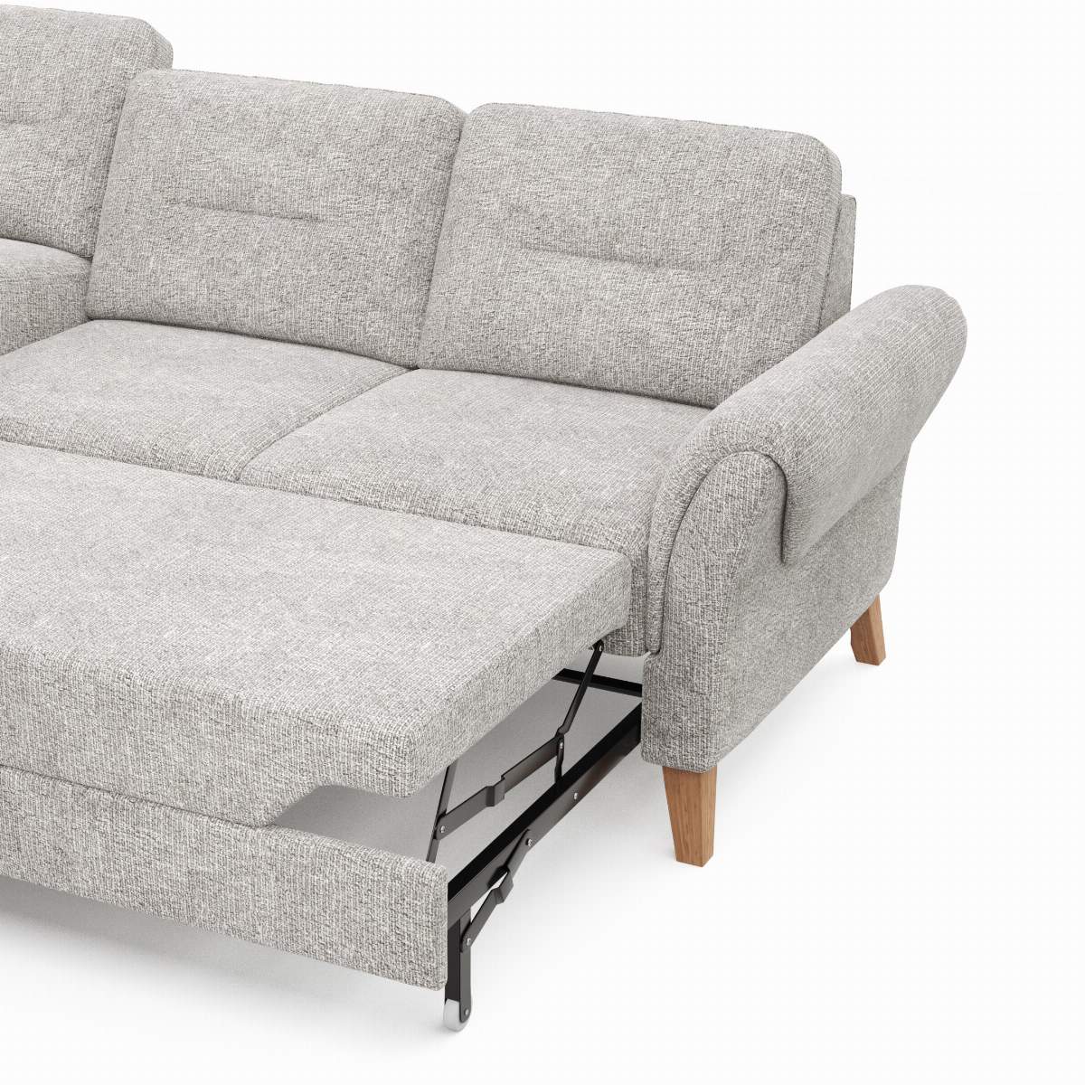 Ecksofa Almyra - Ottomane links mit 2,5-Sitzer, inkl. Schlaffunktion und Bettkasten, Stoff, Silbergrau