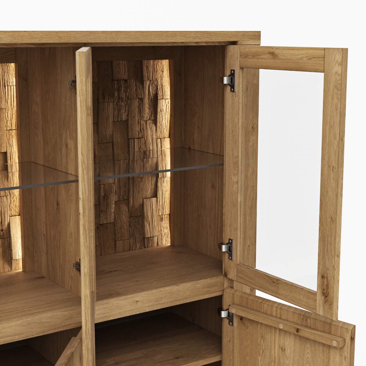 Highboard Bakersfield - inkl. Beleuchtung, Rückwand mit Holzschindeln, Asteiche massiv, geölt