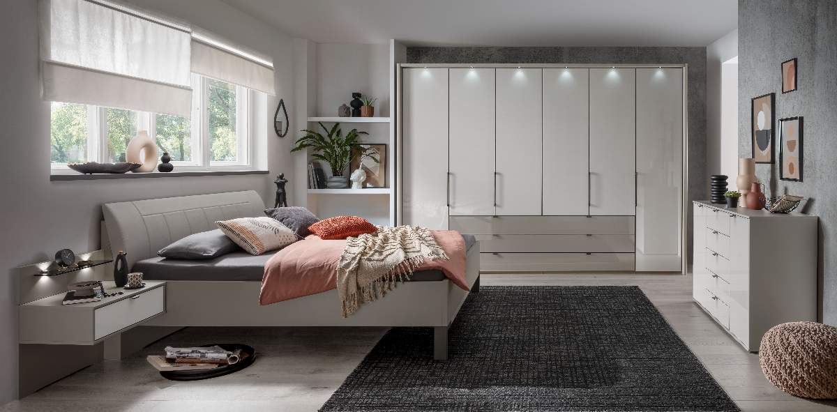 Drehtürenschrank Marbella - B. ca. 157cm, Korpus Melamin, Grau, Front Glas, Weiß