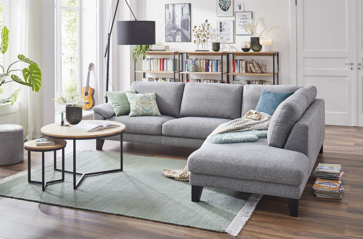 Ecksofa Oviedo - 2,5-Sitzer mit Ecke rechts, Stoff, Grau