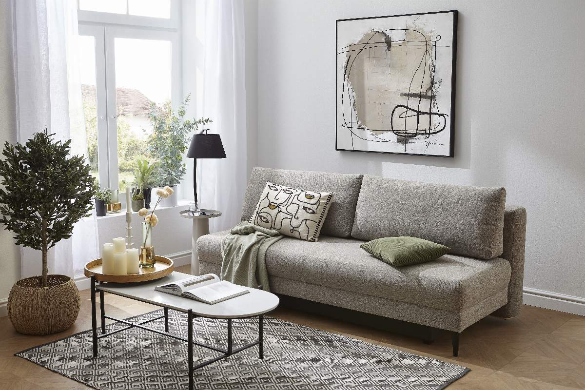 Schlafsofa Salema - 3-Sitzer mit Schlaffunktion (Liegefläche ca. 140x200 cm), Stoff, Kiesel