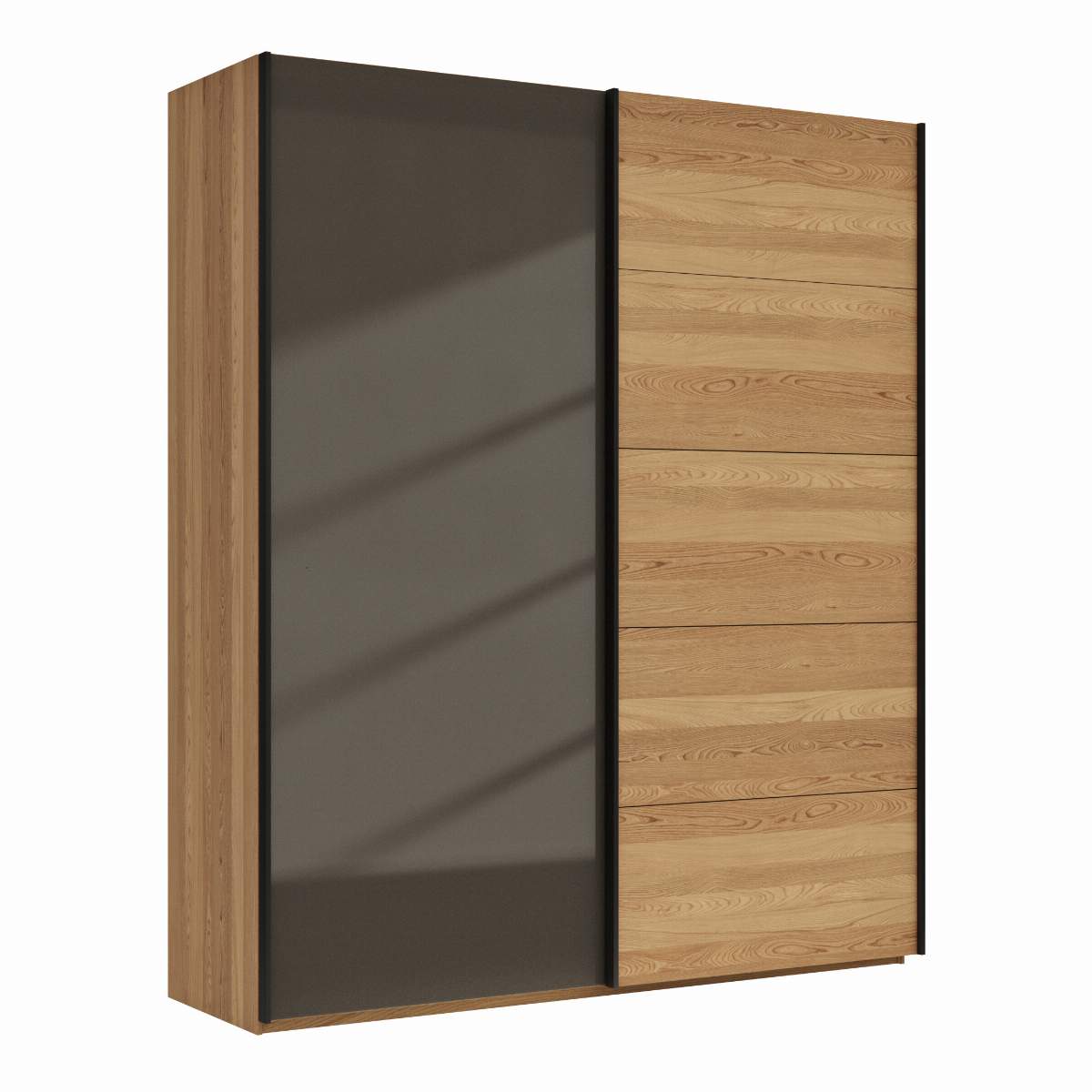 Schwebetürenschrank Lenoso - B. ca. 200 cm, Eiche massiv, Glas Dunkelbraun