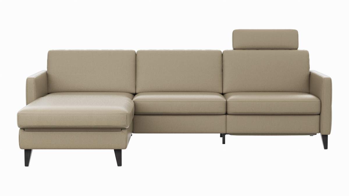 Ecksofa Arima N - Longchair mit 2,5-Sitzer rechts inkl. Relaxfunktion und Kopfstütze motorisch, Leder, Champagner