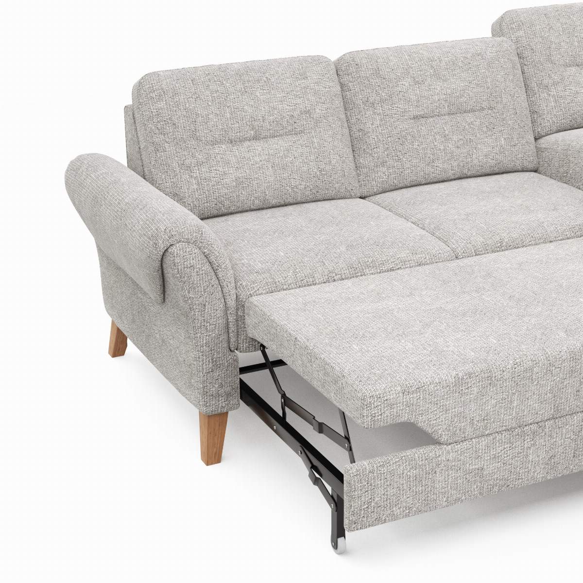 Ecksofa Almyra - 2,5-Sitzer mit Ottomane rechts, inkl. Schlaffunktion und Bettkasten, Stoff, Silbergrau