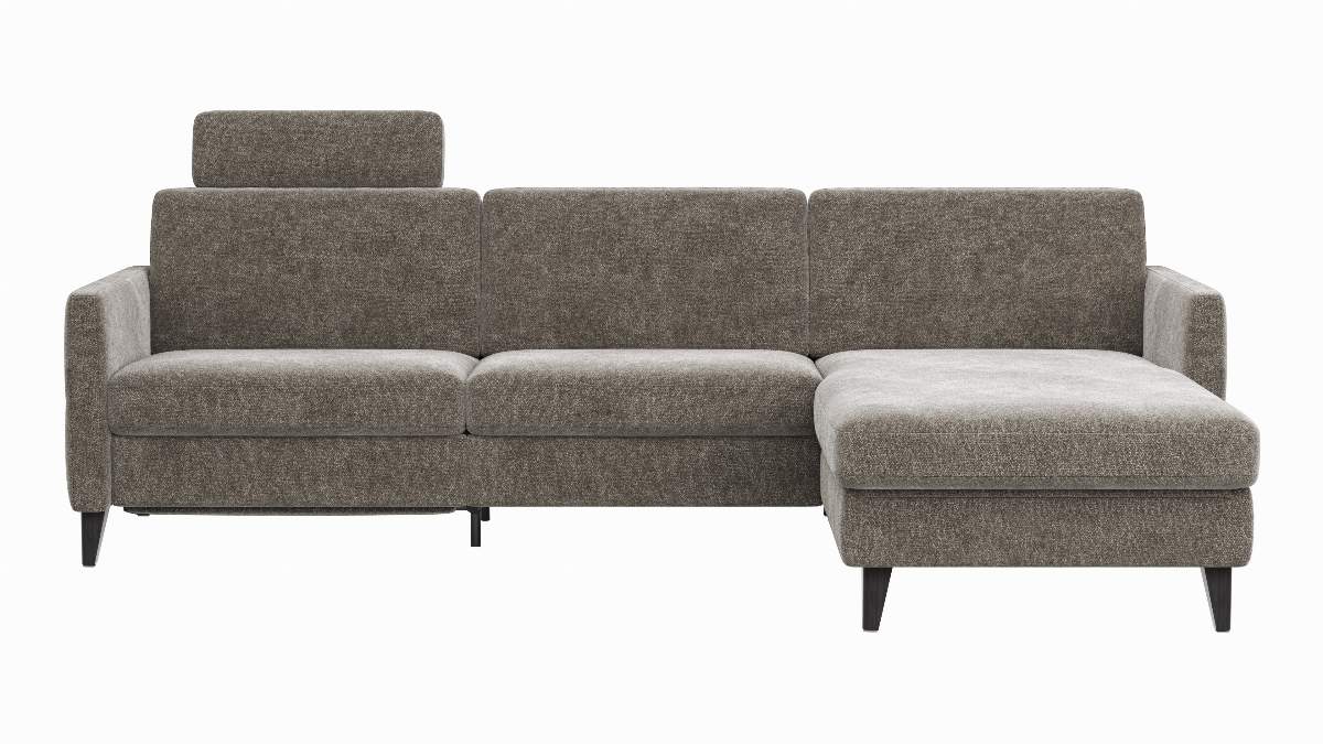 Ecksofa Arima N - 2,5-Sitzer mit Longchair rechts inkl. Relaxfunktion und Kopfstütze motorisch, Stoff, Mocca