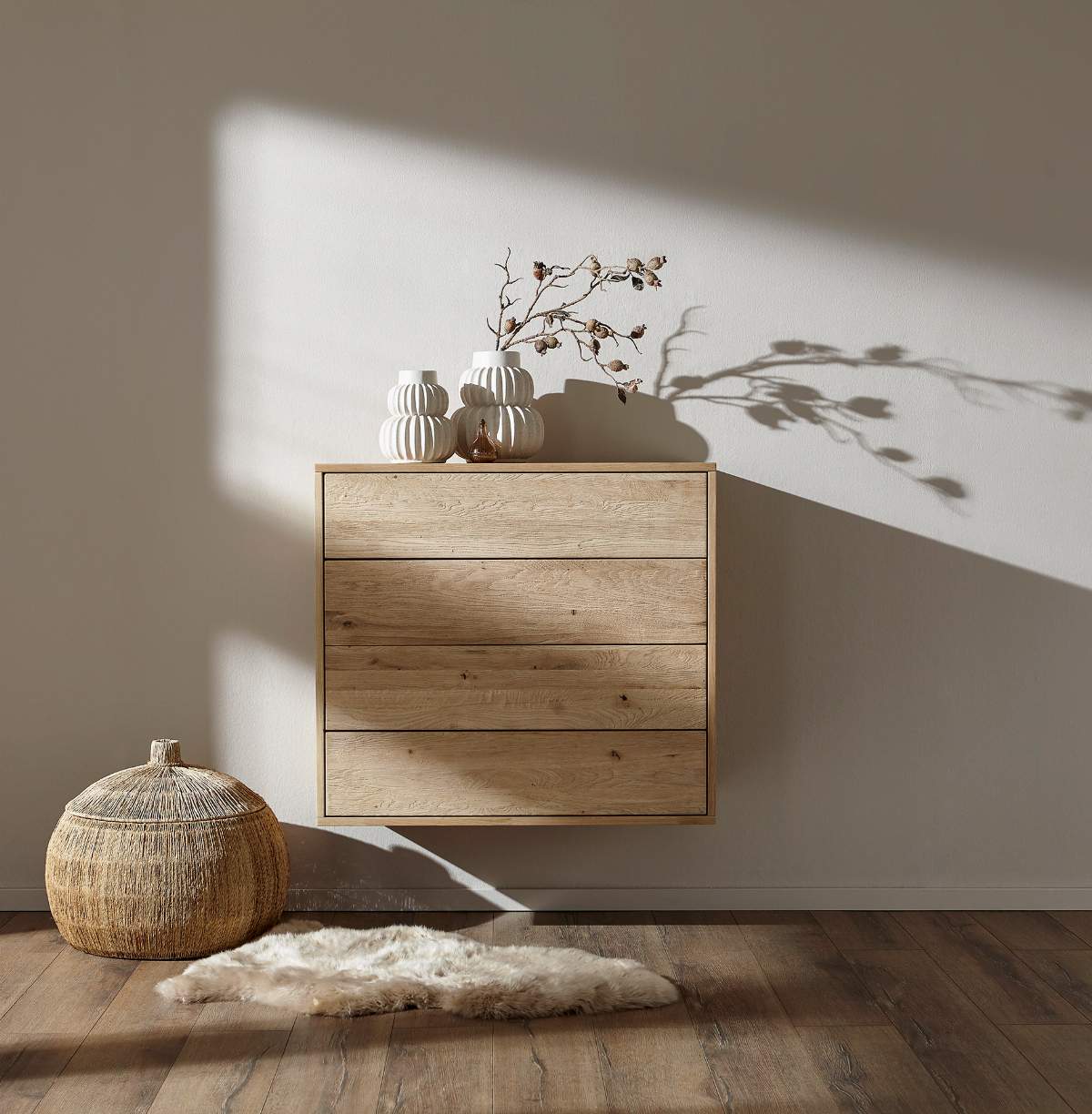 Sideboard Williston - Wildeiche bianco, Schubkastenfront sandgestrahlt