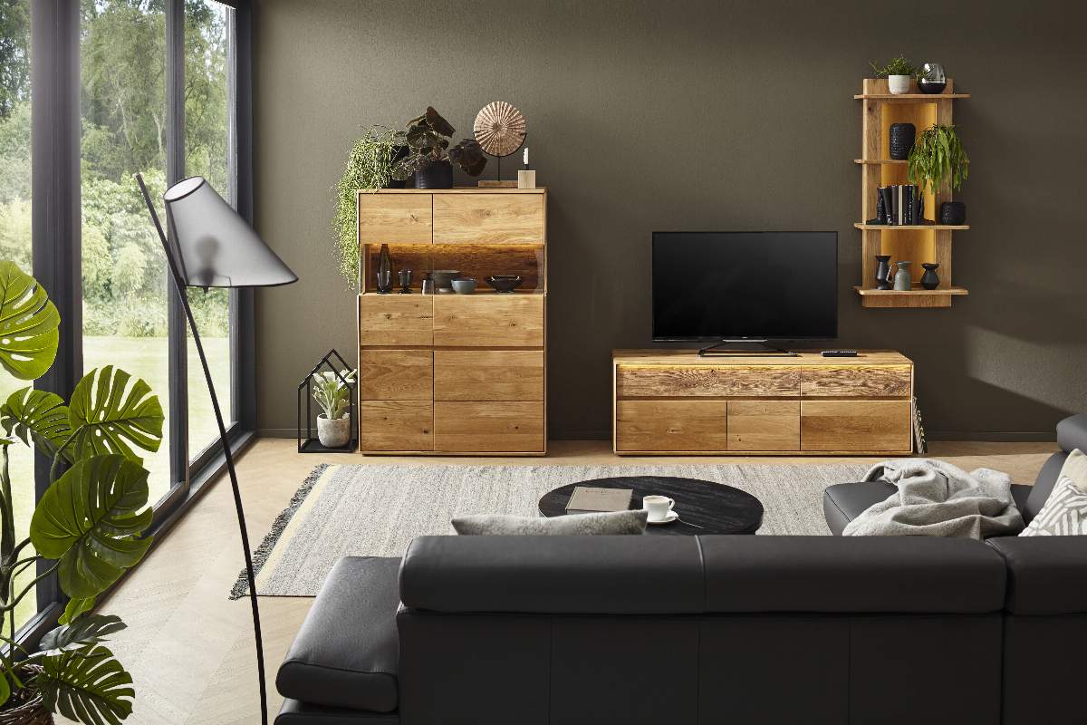 Highboard Hillsboro - inkl. Beleuchtung, Wildeiche natur, geölt
