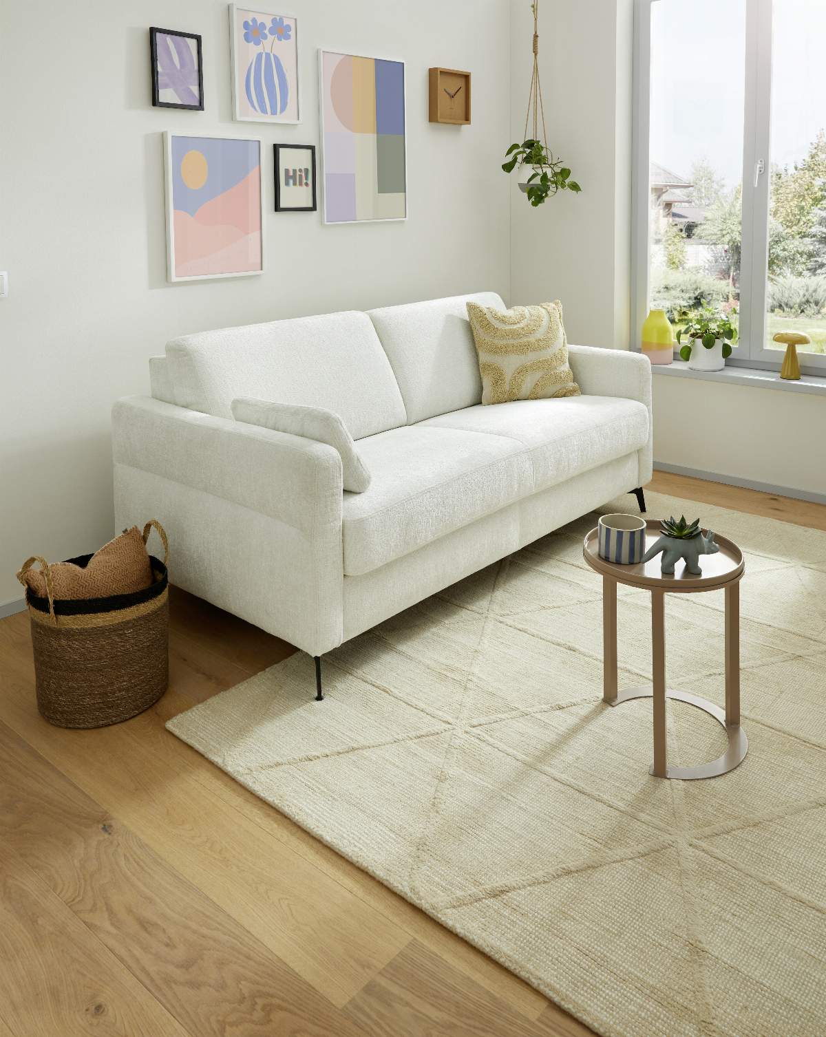 Schlafsofa Laredo - 2,5-Sitzer inkl. Schlaffunktion und Armlehne klappbar, Stoff, Offwhite
