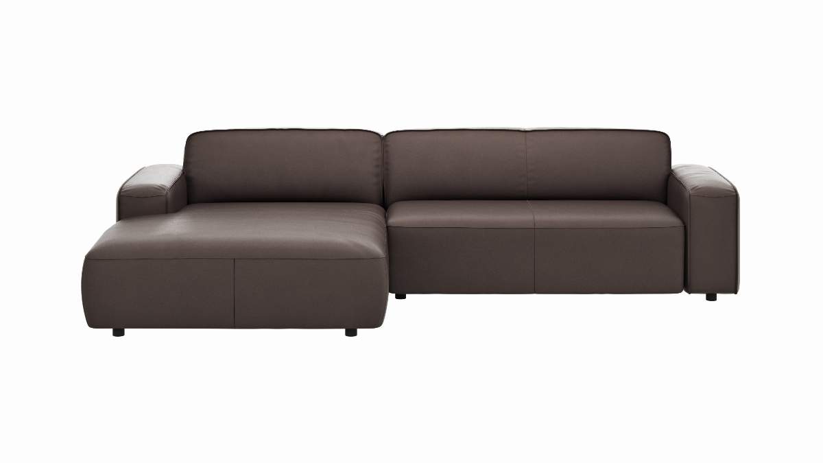 Ecksofa Denver - Longchair links, groß mit 2,5 Sitzer, inkl. Sitzvorzug (motorisch), Leder, Mocca