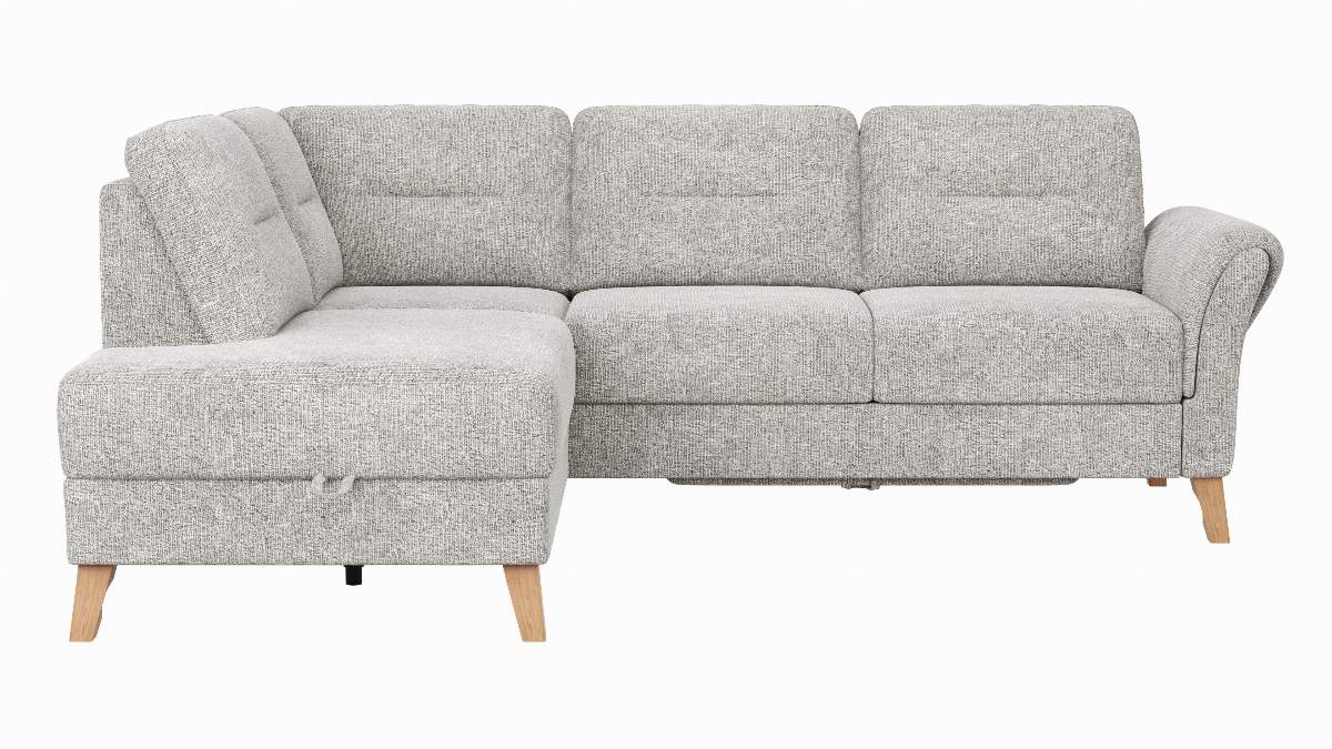 Ecksofa Almyra - Ottomane links mit 2,5-Sitzer, inkl. Schlaffunktion und Bettkasten, Stoff, Silbergrau