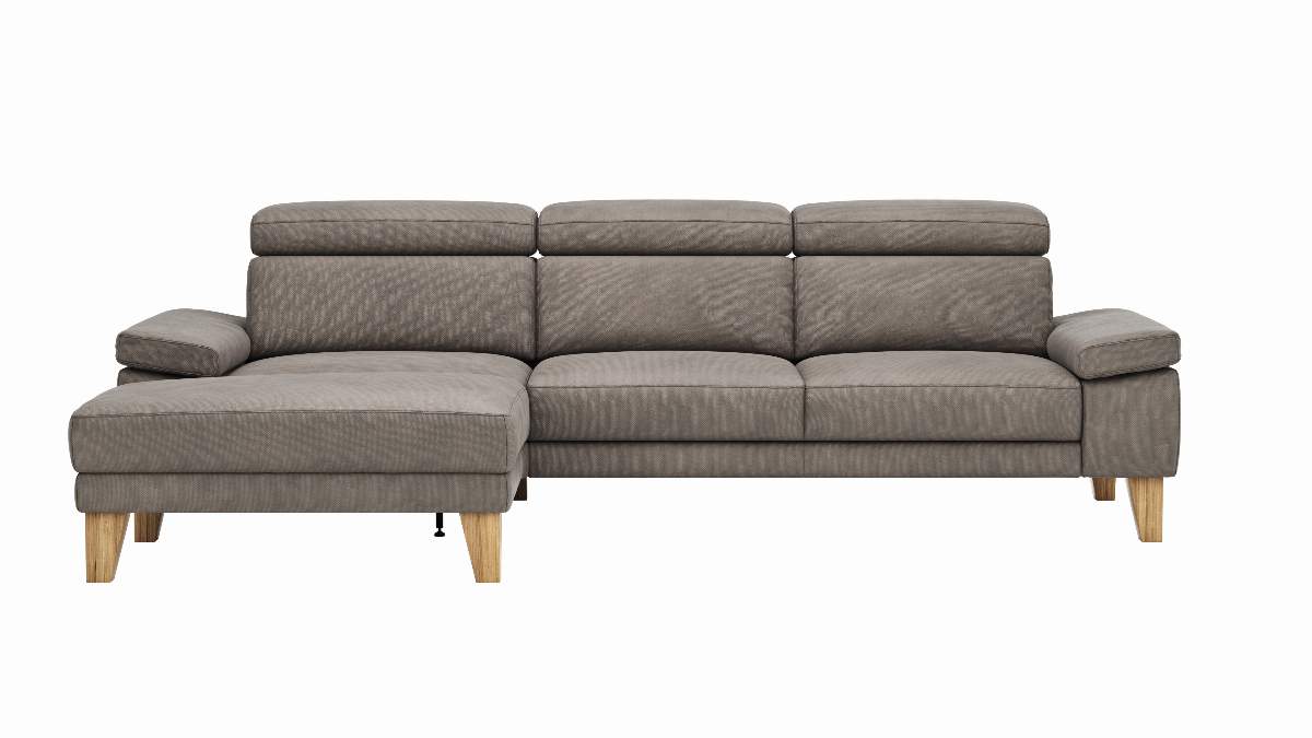 Ecksofa Hudson - Longchair links mit 2,5-Sitzer, inkl. Kopfteil verstellbar, Stoff, Steingrau