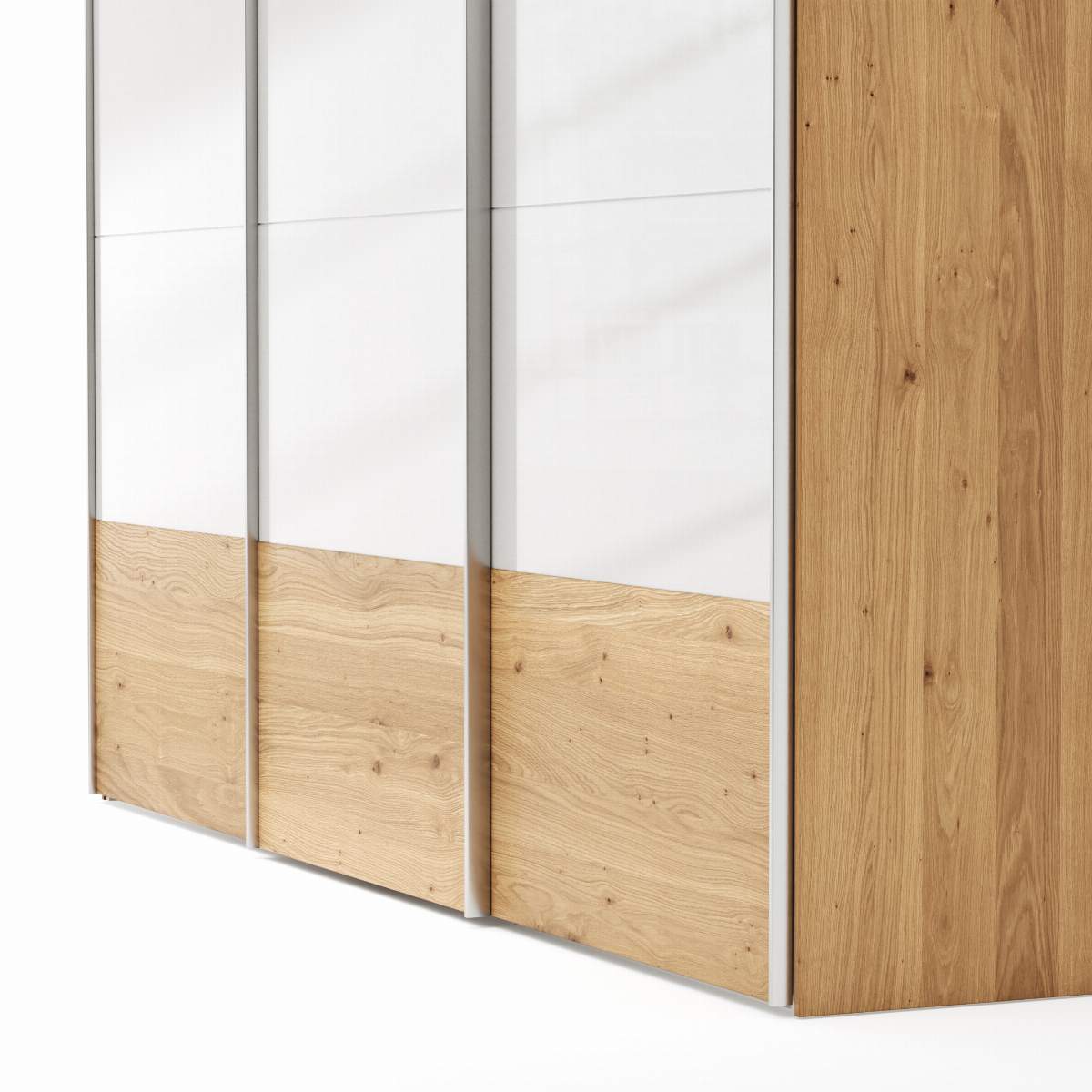 Schwebetürenschrank Colorado - B ca. 307 cm, Eichenfurnier mit Glas weiß