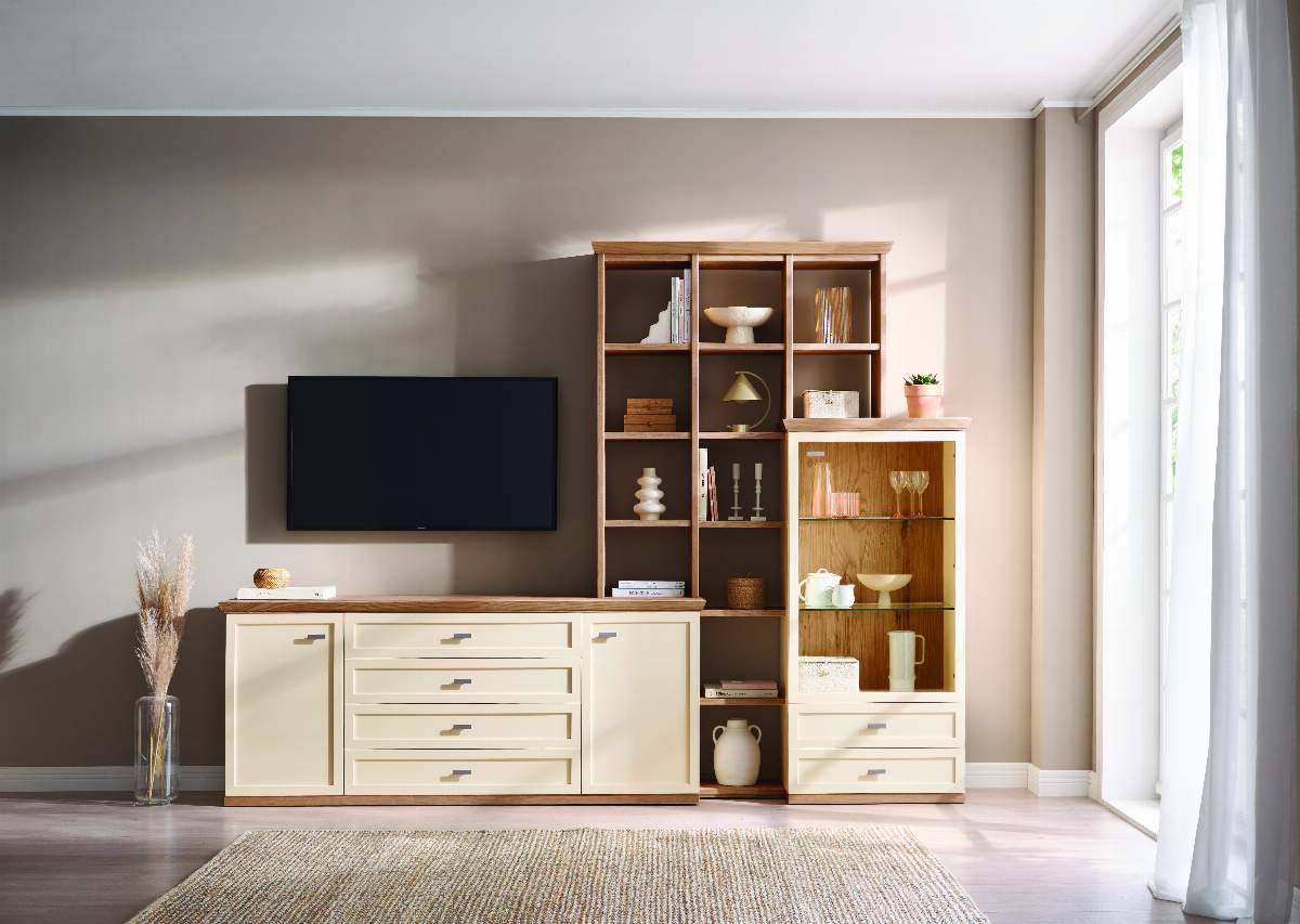 Wohnwand Monda - Lack, hellbeige, Eiche furniert
