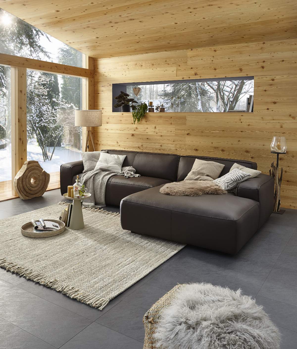 Ecksofa Denver - 2,5-Sitzer mit Longchair rechts, groß, inkl. Sitzvorzug (motorisch), Leder, Mocca