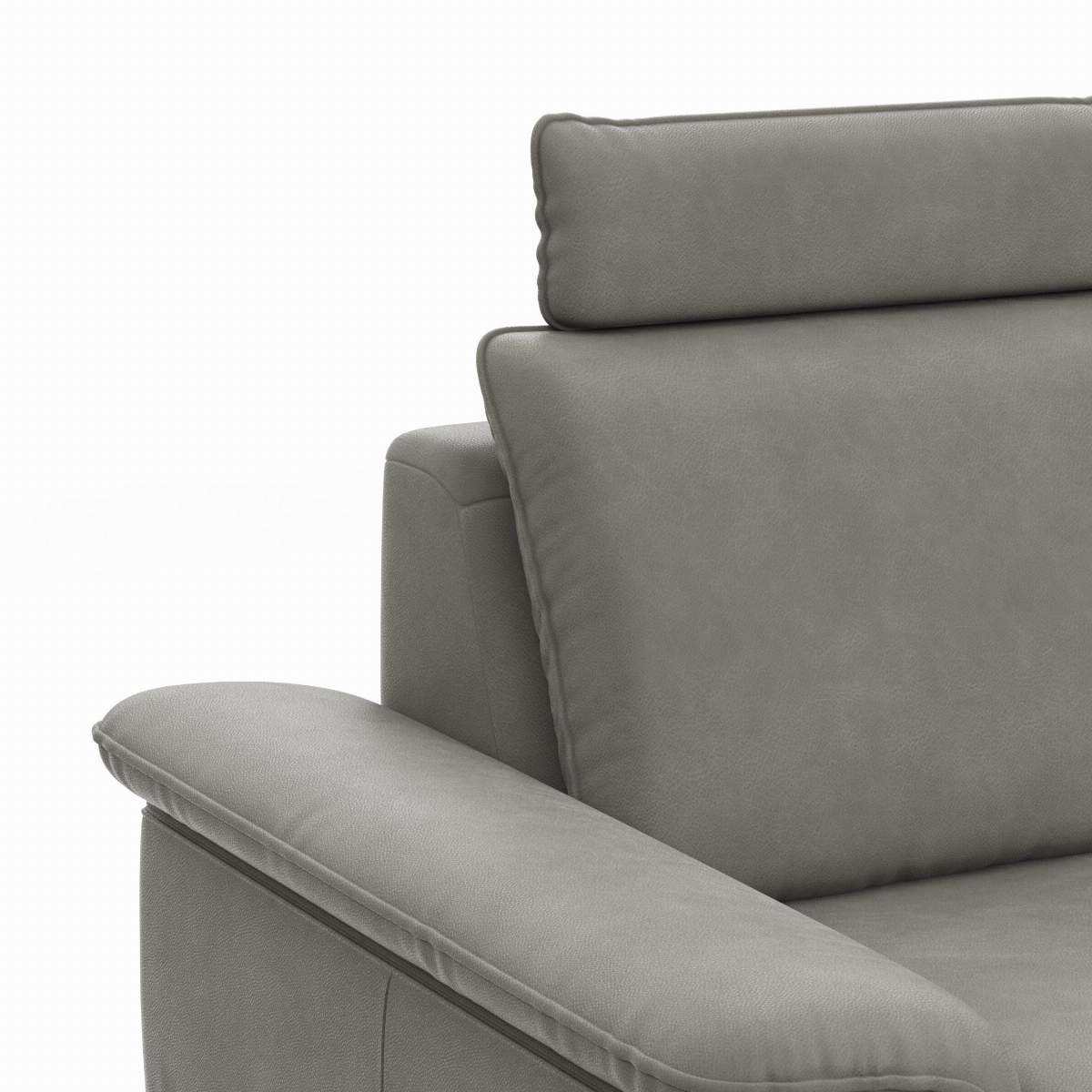 Ecksofa Tulsa KS - 2,5-Sitzer, Spitzecke und 1,5-Sitzer mit Anstellhocker aufklappbar rechts,  inkl. Kopfstütze, AL verstellbar und Schlaffunktion, Leder, Graubeige
