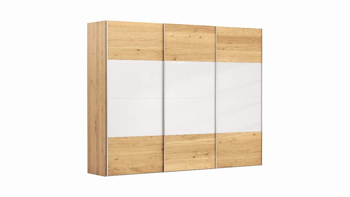 Schwebetürenschrank Colorado - B ca. 307 cm, Eichenfurnier mit Glas weiß