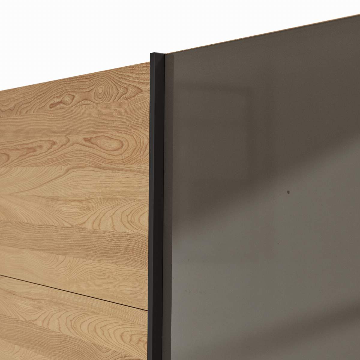 Schwebetürenschrank Lenoso - B. ca. 330 cm, Eiche massiv, Glas, Graubraun