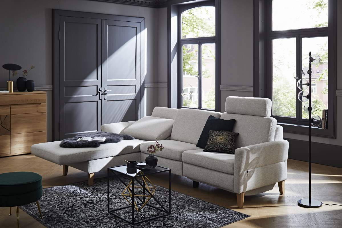 Ecksofa Arima N - Longchair links mit 2,5-Sitzer inkl. Relaxfunktion und Sitzvorzug (motorisch), Stoff, Creme