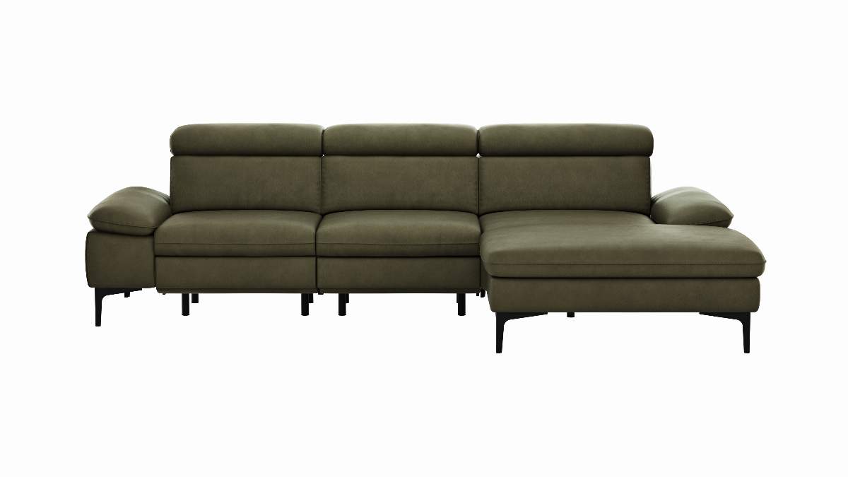 Ecksofa Felipa - 2,5-Sitzer mit Longchair rechts inkl. Armlehne verstellbar und Rückenlehne/Sitztiefe verstellbar (motorisch), Leder, Olive