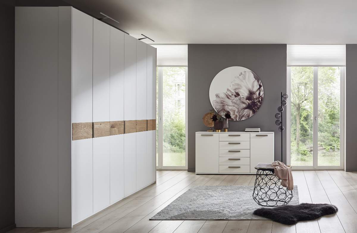 Drehtürenschrank Viana - B ca. 204 cm, Lack, Weiß, Riffholz, Wildeiche