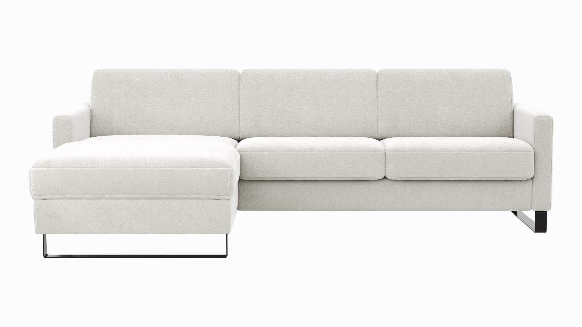 Schlafsofa Laredo - Longchair mit 2-Sitzer rechts inkl. Schlaffunktion mit Bettkasten und Armteile verstellbar, Stoff, Offwhite
