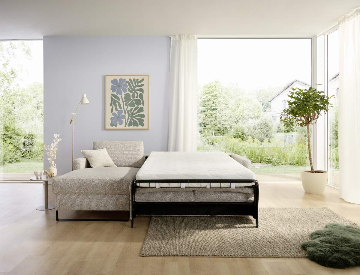 Schlafsofa Laredo - Longchair mit 2-Sitzer rechts inkl. Schlaffunktion mit Bettkasten, Stoff, Graubeige