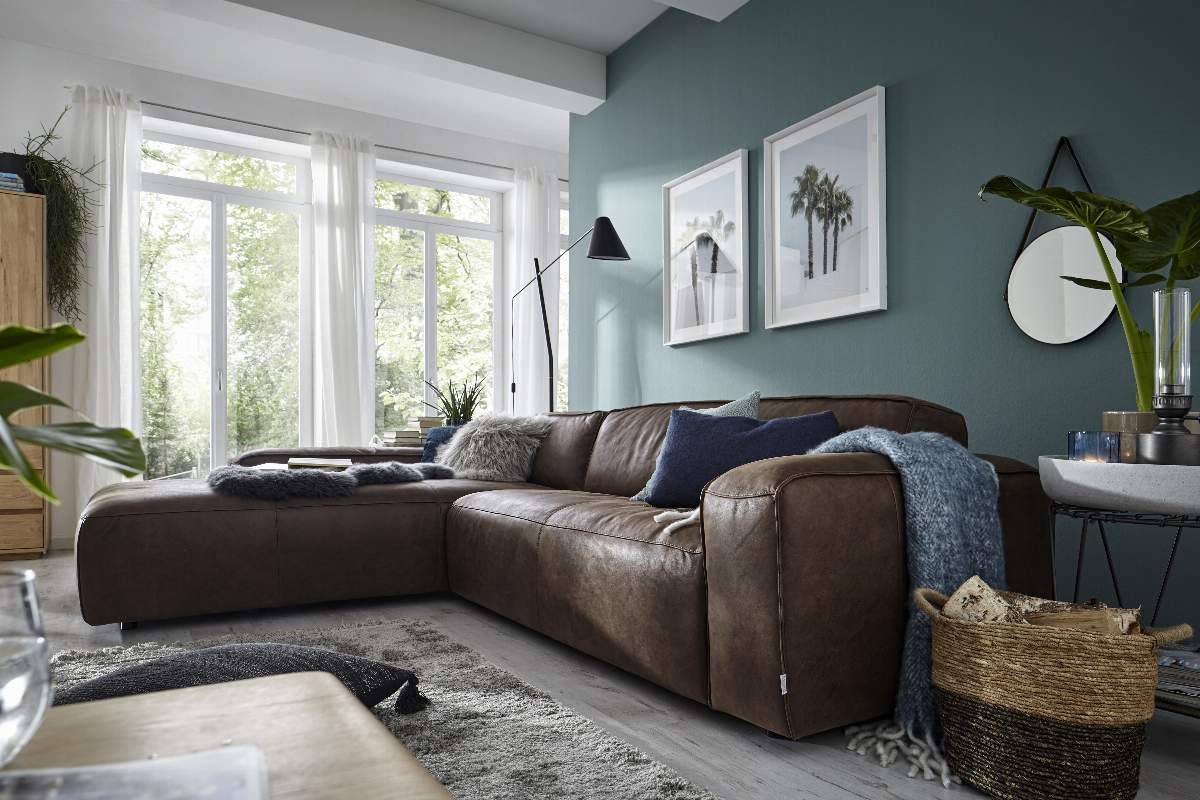 Ecksofa Denver - Longchair links mit 2,5-Sitzer, Leder, Braun