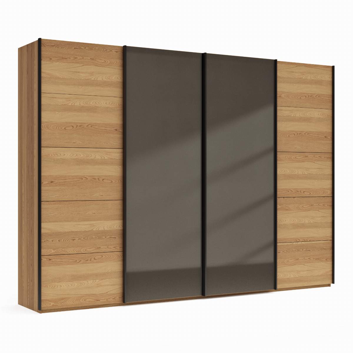 Schwebetürenschrank Lenoso - B. ca. 330 cm, Eiche massiv, Glas, Graubraun