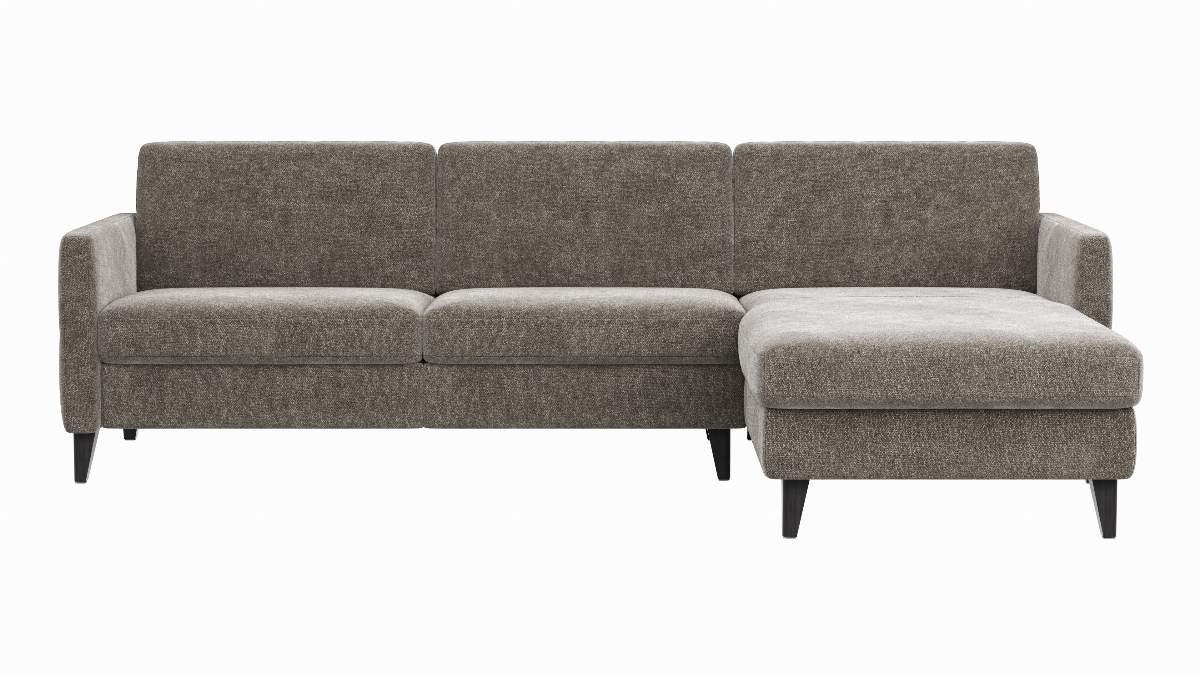 Ecksofa Arima N - 2,5-Sitzer mit Longchair rechts inkl. Kopfteil verstellbar, Stoff, Mocca