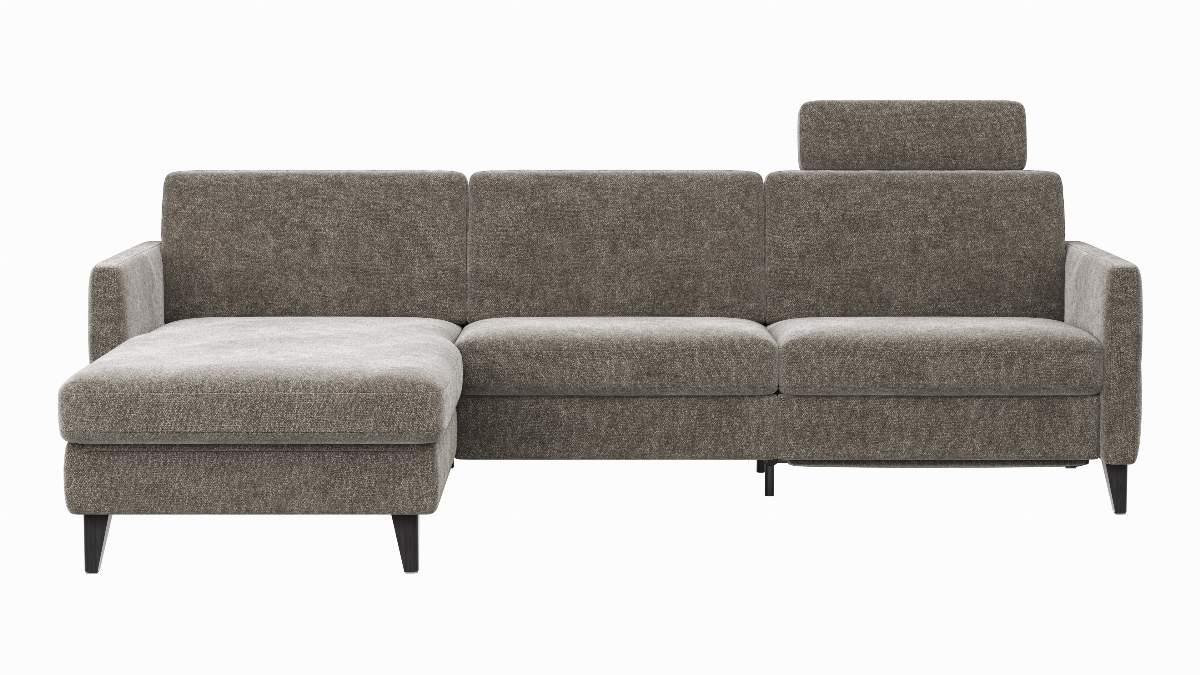 Ecksofa Arima N - Longchair mit 2,5-Sitzer rechts inkl. Relaxfunktion und Kopfstütze motorisch, Stoff, Mocca