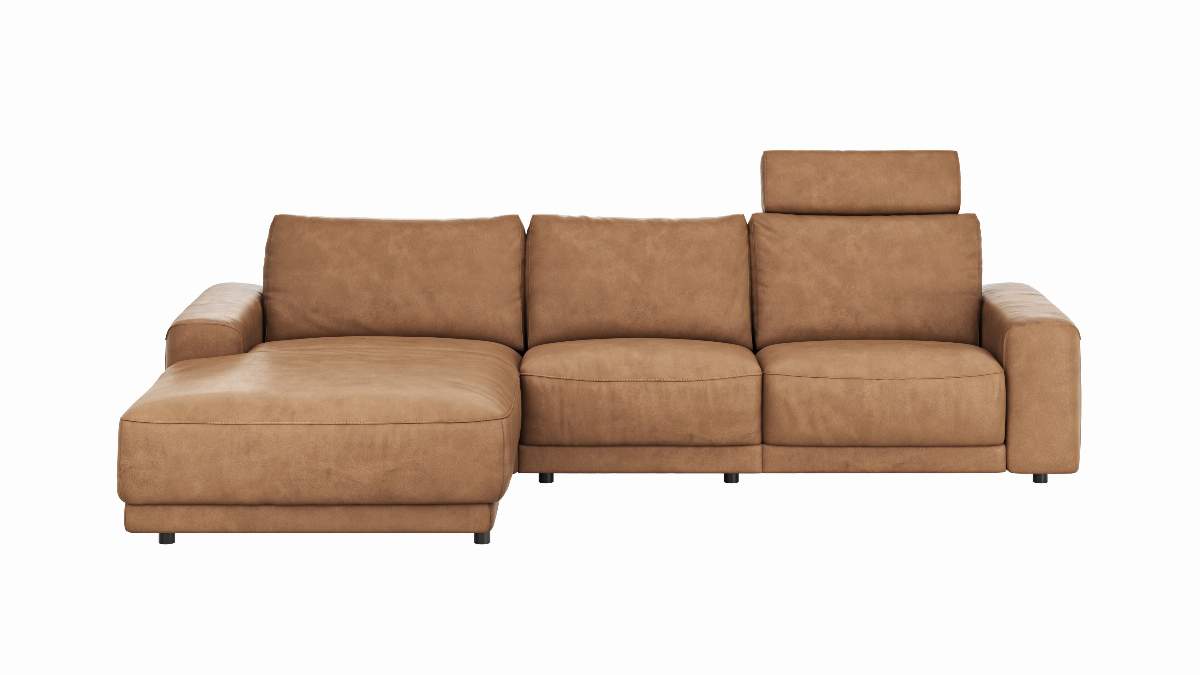 Ecksofa Balok - Longchair groß rechts mit 2,5-Sitzer, inkl. Relaxfunktion (motorisch) und Kopfstütze, Leder, Cognac