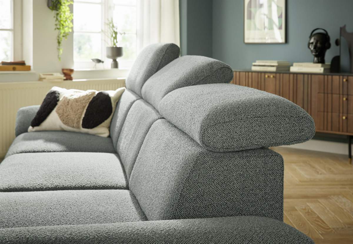 Ecksofa Felipa - 3-Sitzer mit Longchair rechts inkl. Relaxfunktion (motorisch), Armlehne und Kopfteil verstellbar, Stoff, Graugrün