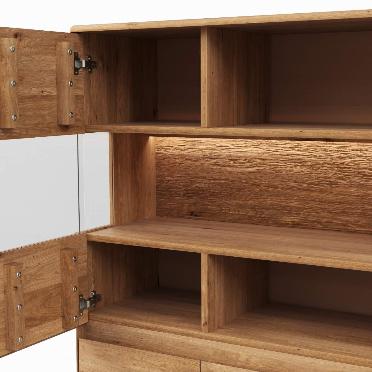 Highboard Hillsboro - inkl. Beleuchtung, Wildeiche natur, geölt