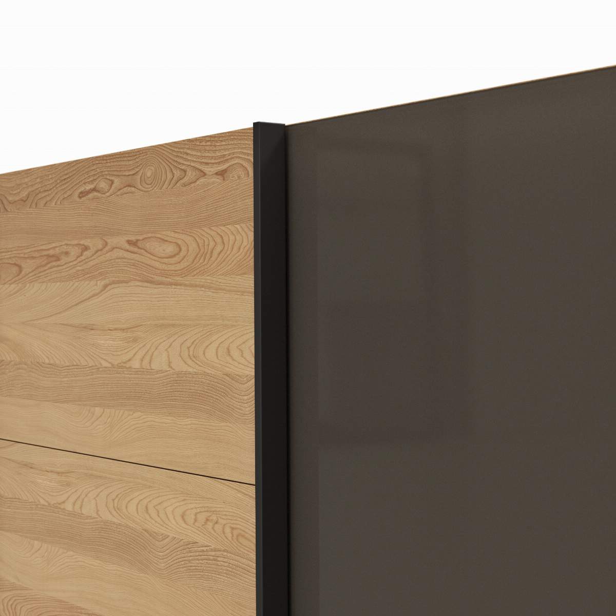 Schwebetürenschrank Lenoso - B. ca. 250 cm, Eiche massiv, Glas Dunkelbraun