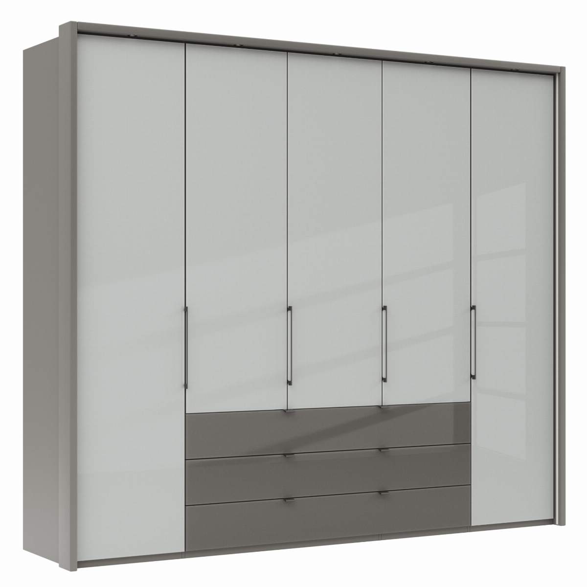 Drehtürenschrank Marbella - B. ca. 257cm, Korpus Melamin, Grau, Front Glas, Weiß