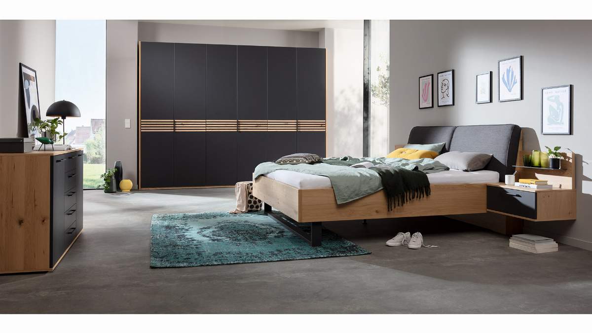 Bett Viana - Liegefläche ca. 180x200 cm, Balkeneiche furniert, Stoff, Anthrazit