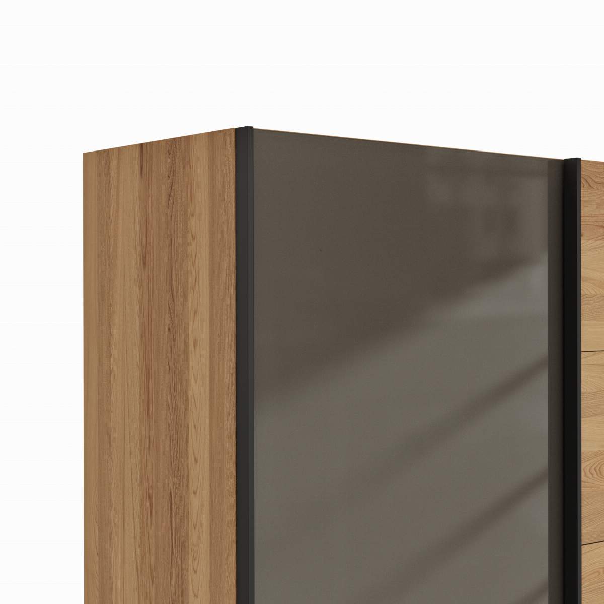 Schwebetürenschrank Lenoso - B. ca. 300 cm, Eiche massiv, Glas Dunkelbraun