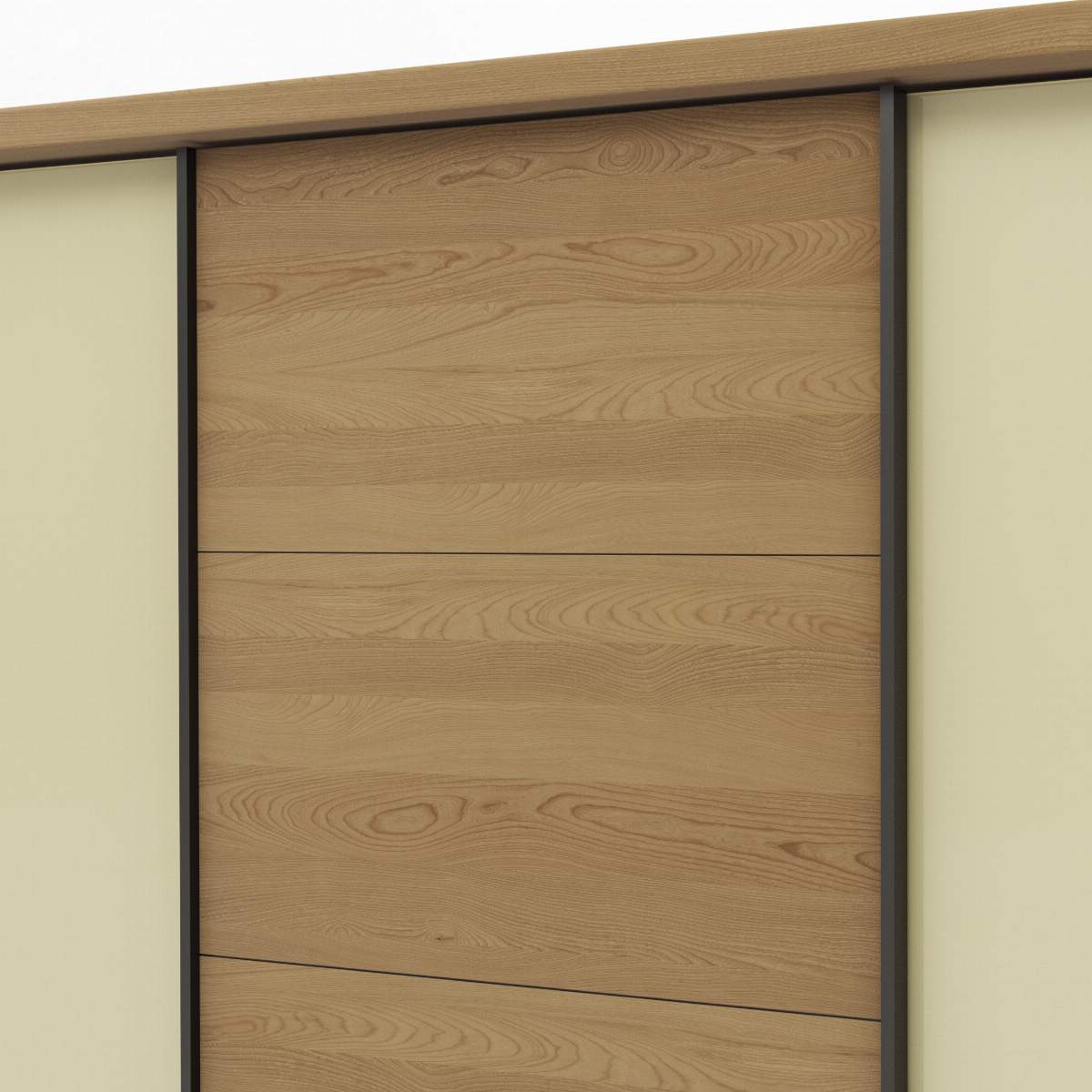 Schwebetürenschrank Lenoso -  B. ca. 260 cm, Eiche massiv, Glas, Champagner