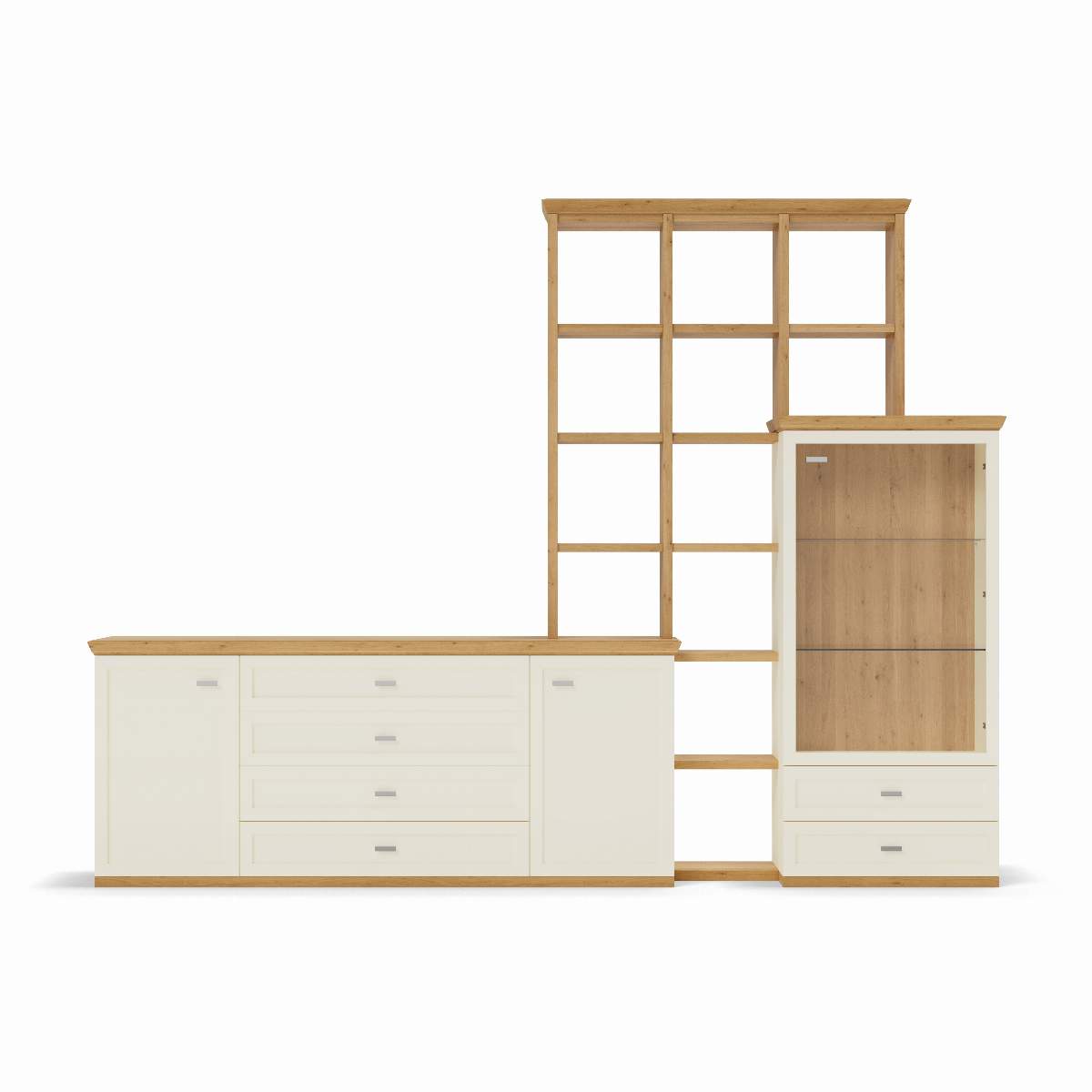 Wohnwand Monda - inkl. Beleuchtung, Lack Hellbeige, Eiche furniert