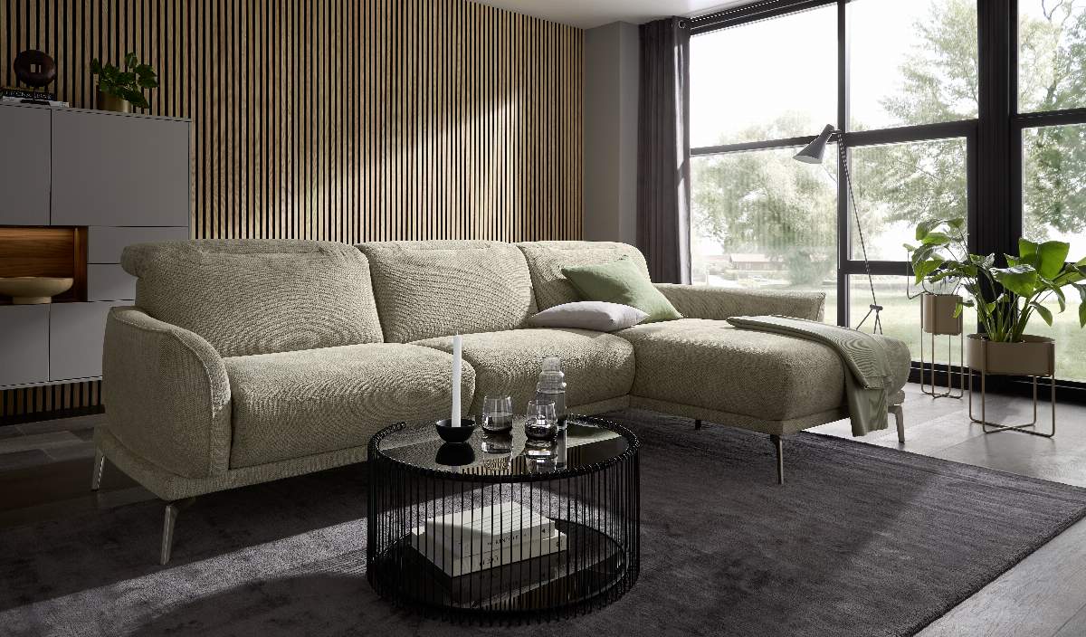 Ecksofa Amadena - 2-Sitzer mit Longchair rechts inkl. Kopfteilverstellung, Stoff, Limone