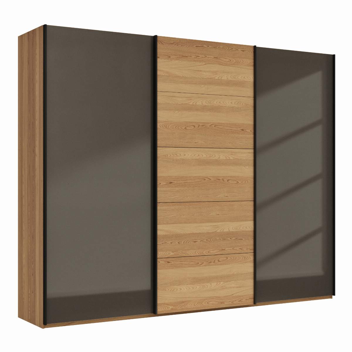 Schwebetürenschrank Lenoso - B. ca. 300 cm, Eiche massiv, Glas Dunkelbraun