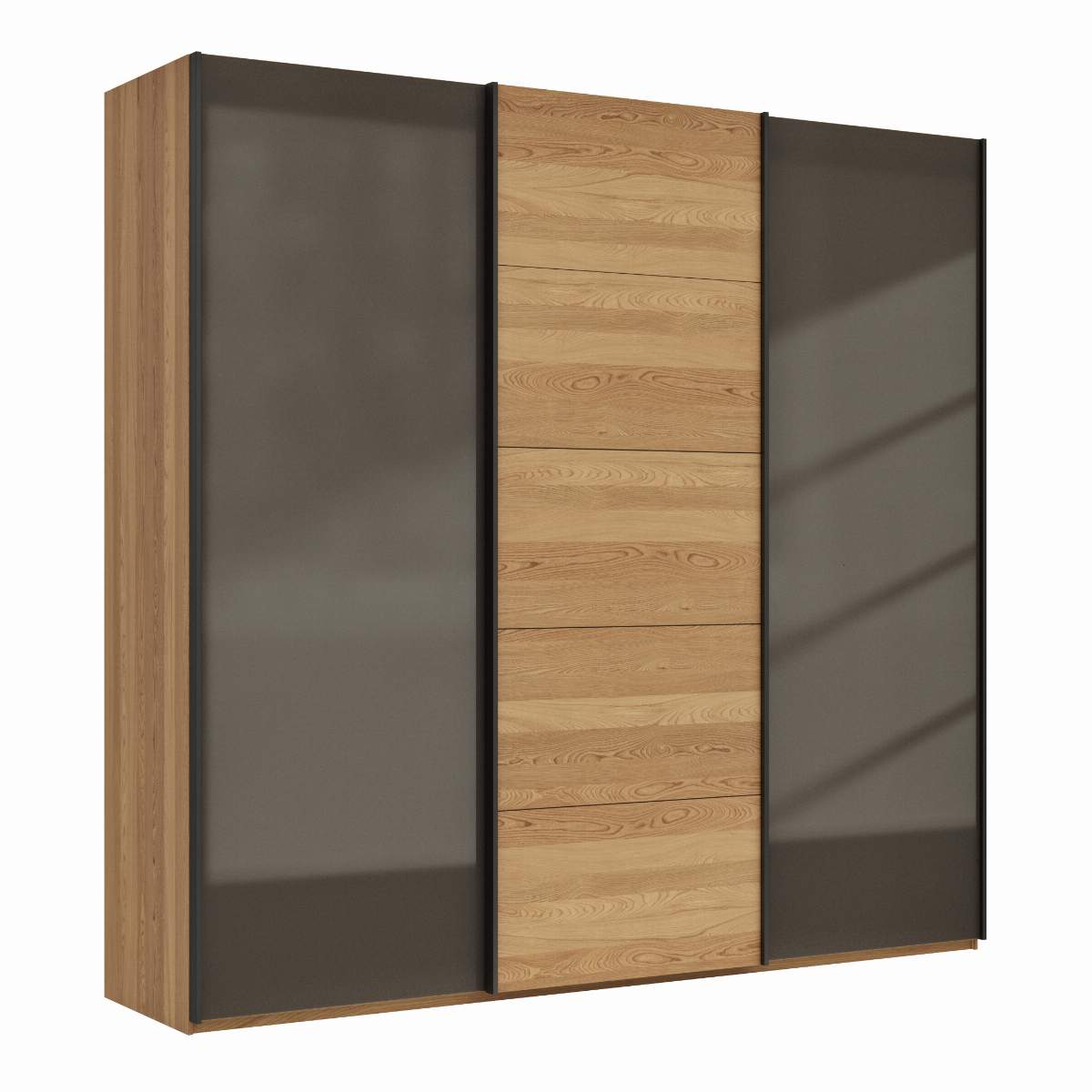 Schwebetürenschrank Lenoso - B. ca. 250 cm, Eiche massiv, Glas Dunkelbraun