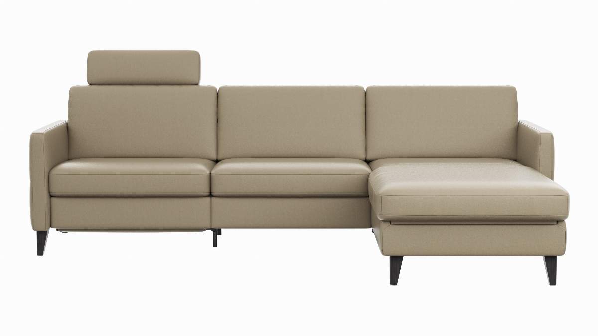 Ecksofa Arima N - 2,5-Sitzer mit Longchair rechts inkl. Relaxfunktion und Kopfstütze motorisch, Leder, Champagner