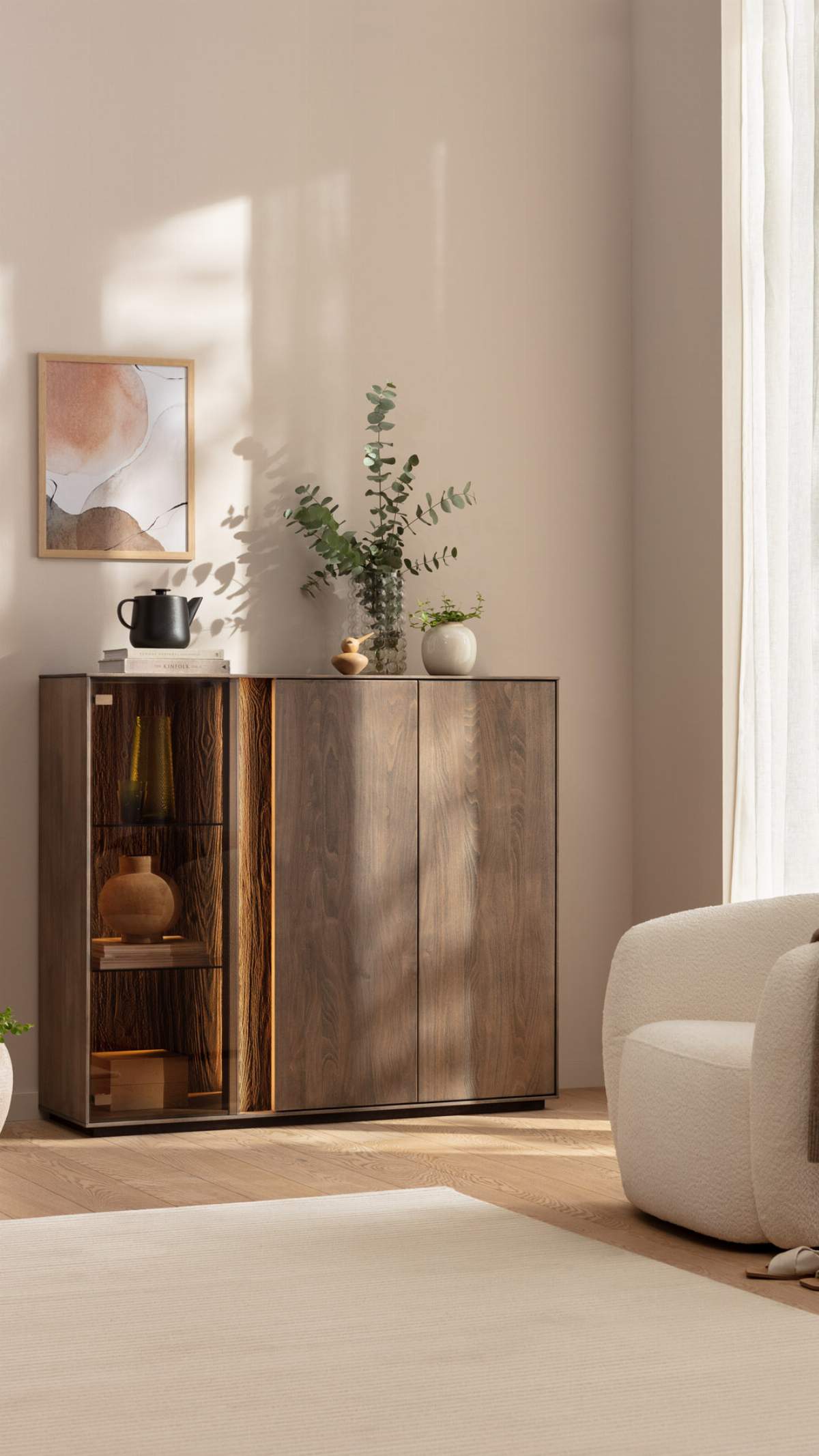 Highboard Saratoga - inkl. Beleuchtung, Buche massiv, silbergrau geölt